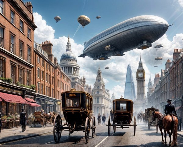 Victorian Street Scene with Carriages and Iconic Landmarks