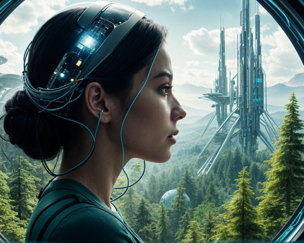 Futuristic Woman with Technology in Natural Landscape