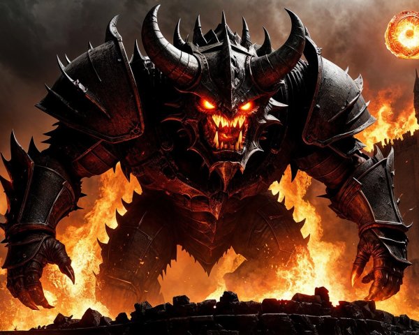 Colossal Figure in Dark Fiery Landscape with Castle