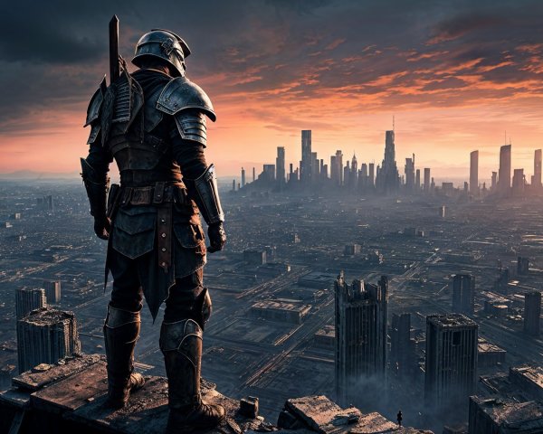 Armored Knight Overlooking Futuristic City at Sunset