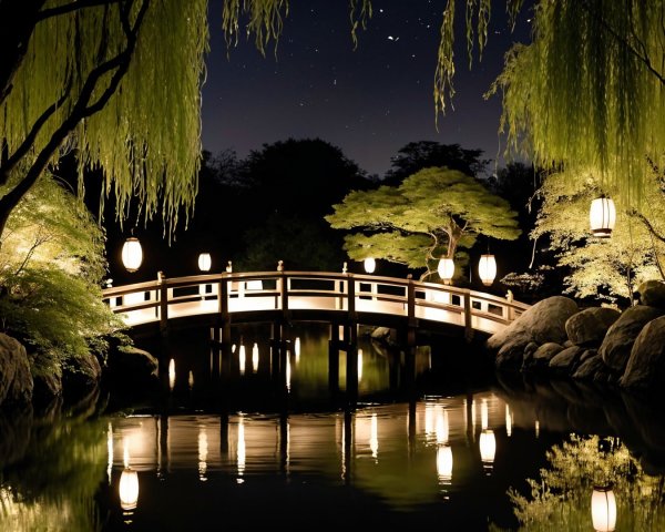 Illuminated Wooden Bridge Over a Serene Pond