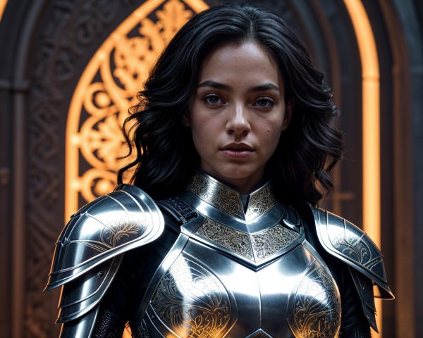 Woman in ornate silver armor with detailed archway backdrop