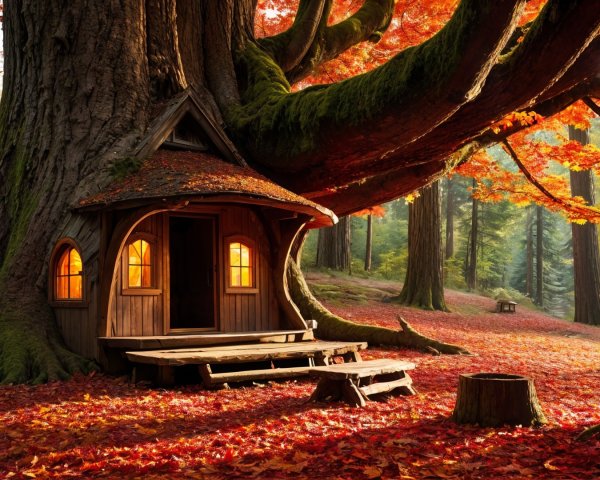Whimsical Wooden House in Vibrant Autumn Forest