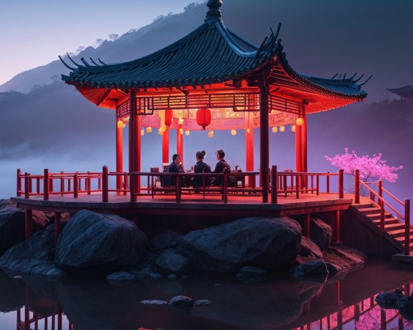 Pagoda on a tranquil lake with cherry blossoms