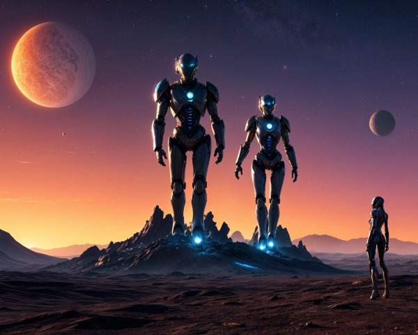 Surreal Landscape with Humanoid Robots and Planets