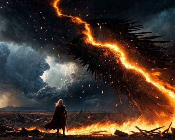 Dramatic Scene of a Fiery Landscape with Shadowy Wings