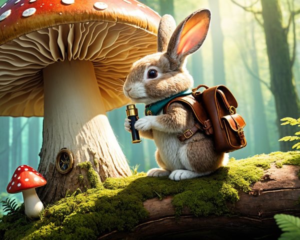Cute rabbit with backpack beside giant mushroom in forest