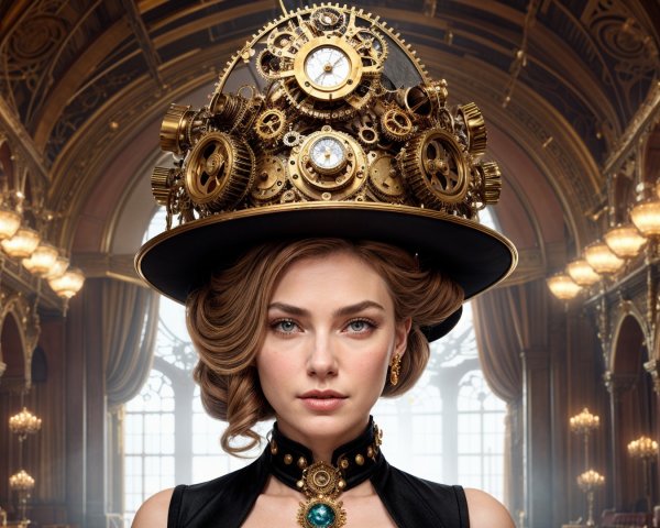 Woman in Grand Hall with Steampunk Hat and Outfit