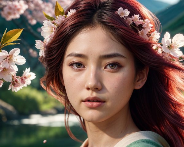 Portrait of a woman with red hair and cherry blossoms