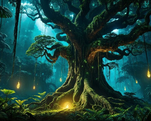 Ancient Tree in Mystical Forest with Ethereal Light