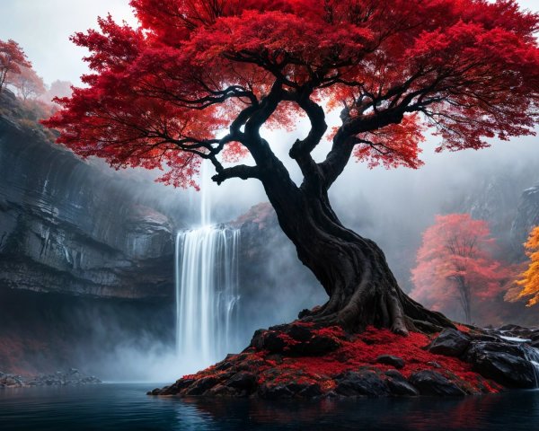 Majestic tree with autumn leaves by a serene waterfall