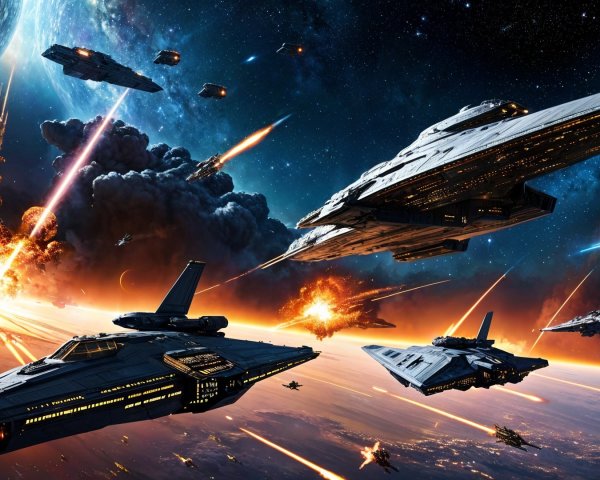 Cosmic Battle of Starships in Vibrant Space Scene