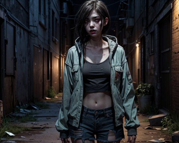 Young Woman in Alley with Fierce Expression and Bruise