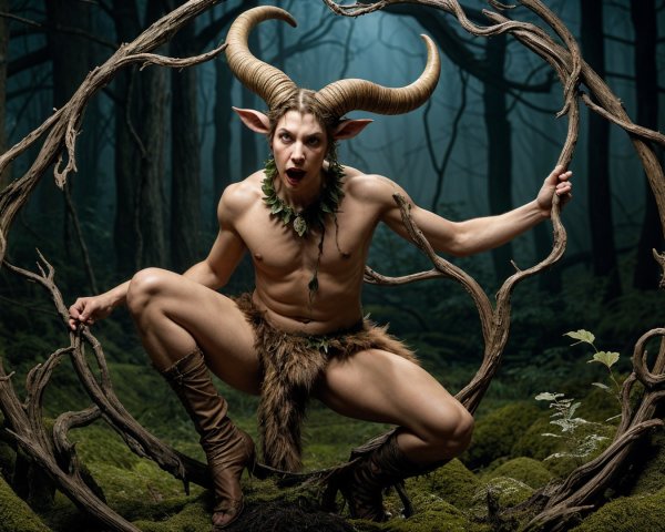 Mystical Forest Scene with Goat-Horned Figure