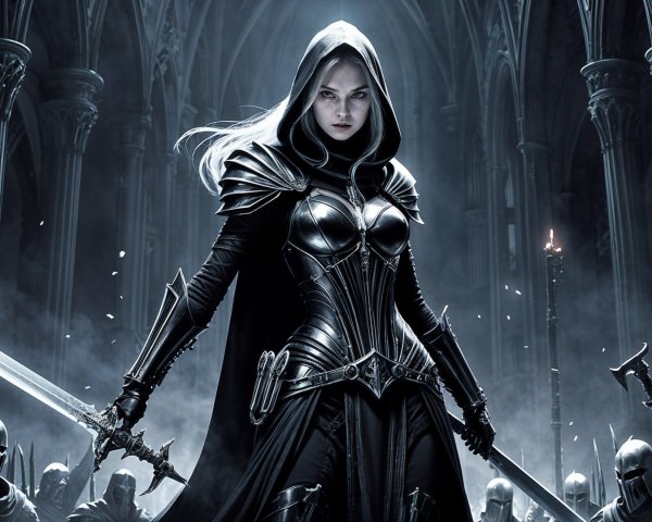 Female Warrior in Dark Armor in Gothic Setting