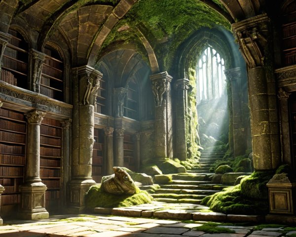 Ancient Library with Ethereal Light and Mossy Steps