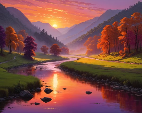 Serene Sunset Landscape with Winding River and Mountains