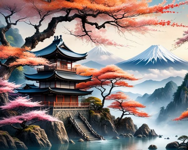 Japanese Pagoda in Cherry Blossom Landscape