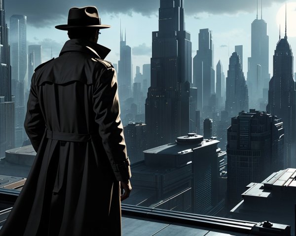 Silhouette in Fedora Overlooking Futuristic Cityscape
