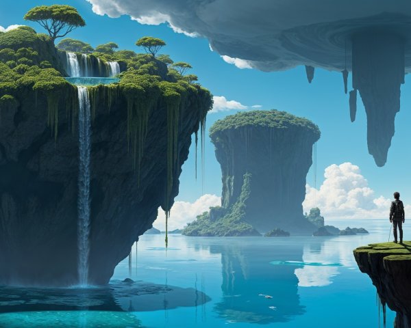 Surreal Landscape with Floating Islands and Waterfalls
