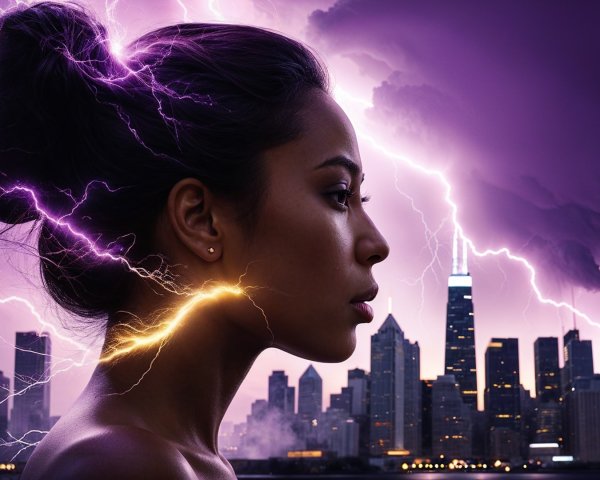 Contemplative Woman Against Dramatic Skyline and Lightning