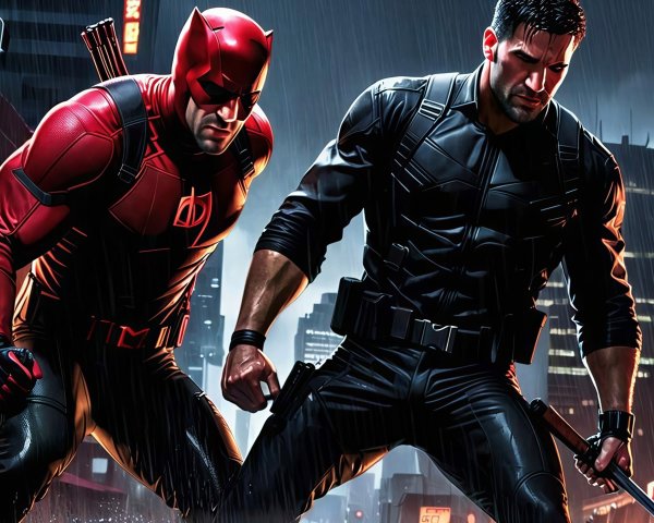 Comic Superheroes in Rainy Neon City at Night