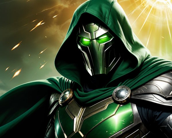 Mysterious Figure in Dark Green Cloak with Glowing Eyes