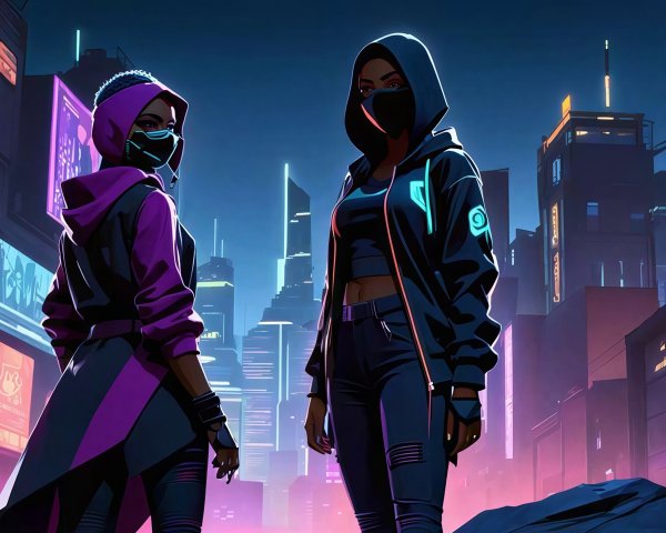 Dark-Skinned Women in Futuristic Cyberpunk Setting