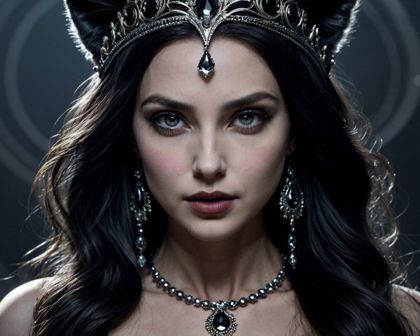 Regal Woman with Black Hair and Ornate Crown