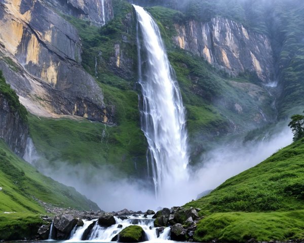 Majestic waterfall cascading down rocky cliffs with mist
