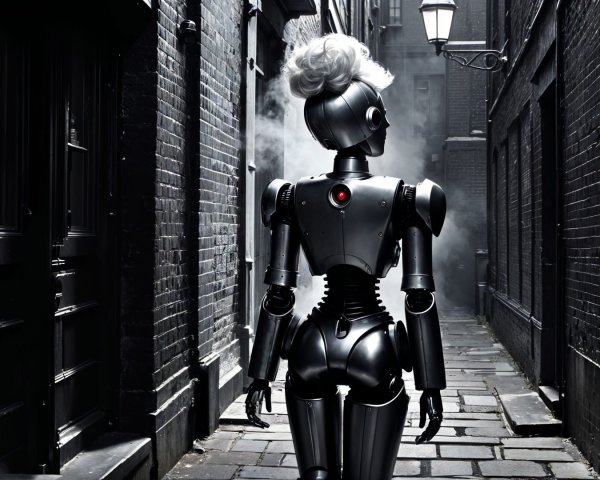 Futuristic Robot in Foggy Alleyway with Dim Lighting
