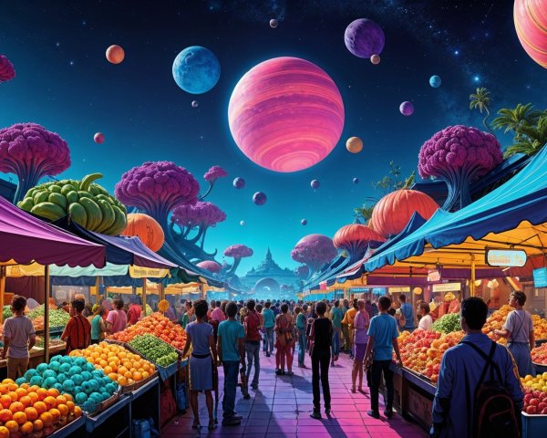 Vibrant alien marketplace under a surreal night sky
