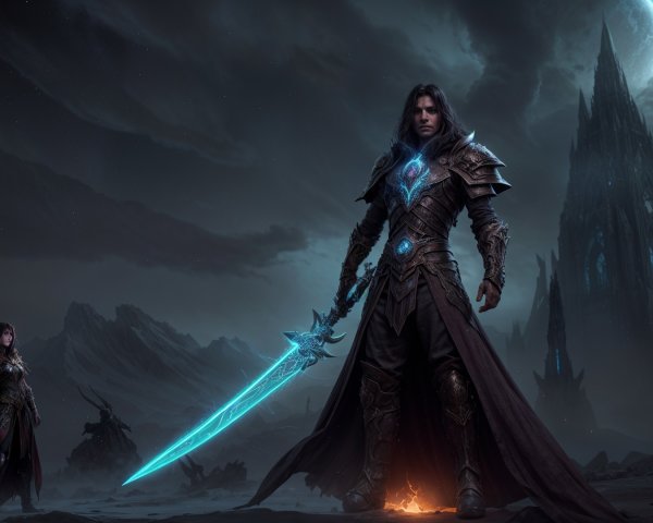 Warrior with Glowing Sword in Epic Fantasy Landscape