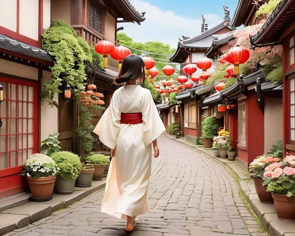 Woman in White Kimono Walking on Cobblestone Street
