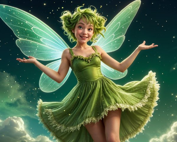 Whimsical Fairy with Green Hair in Dreamy Night Sky