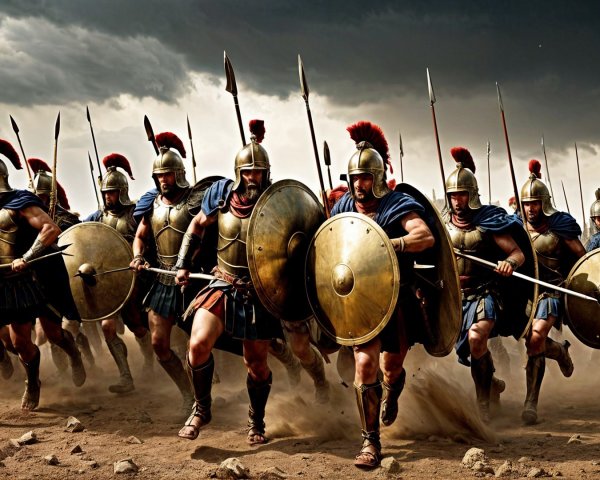 Ancient Warriors in Bronze Armor Charge Across Terrain