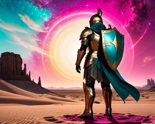 Golden-armored knight in desert with cosmic portal