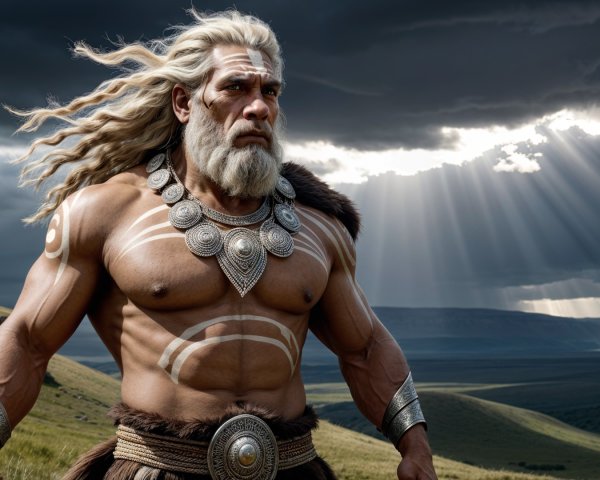 Warrior in a Dramatic Sky with Tribal Markings