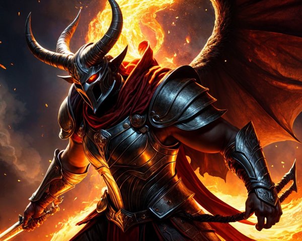 Armored warrior with horned helmet and fiery backdrop