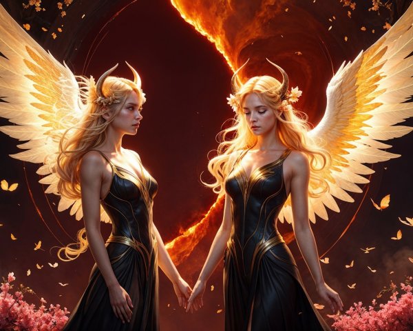 Ethereal Figures with Golden Wings in Mystical Setting