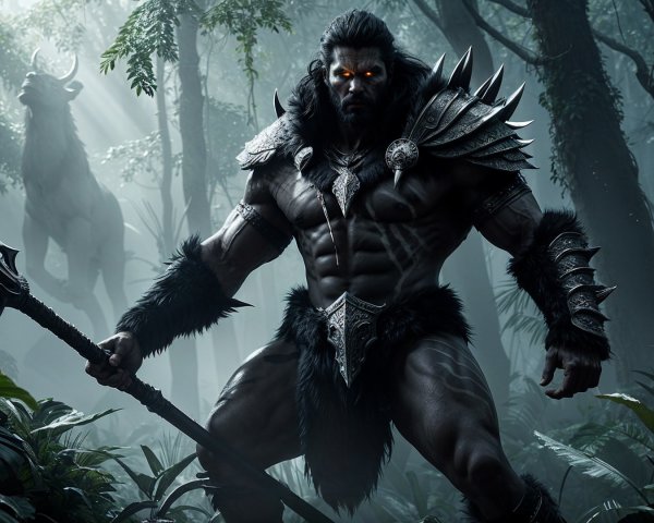 Muscular Warrior in Spiked Armor in Dense Jungle