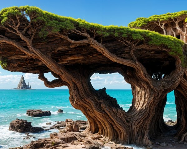 Enchanted Landscape with Gnarled Tree and Ocean Spire