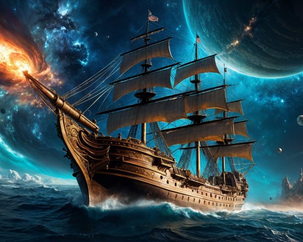 Majestic Ship in Vibrant Cosmic Scene with Galaxies