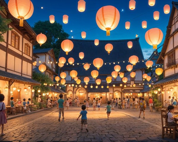 Evening Scene in a Village Square with Lanterns