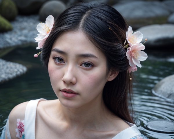Young Woman in Tranquil Pond Setting with Koi Fish