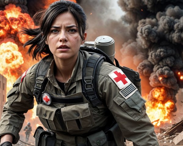 Female Medic in War-Torn Cityscape Amid Chaos