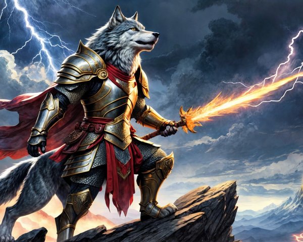 Majestic Wolf Warrior in Ornate Armor on Summit