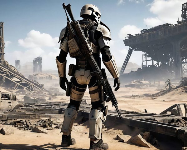 Sci-fi soldier in detailed armor in sandy wasteland