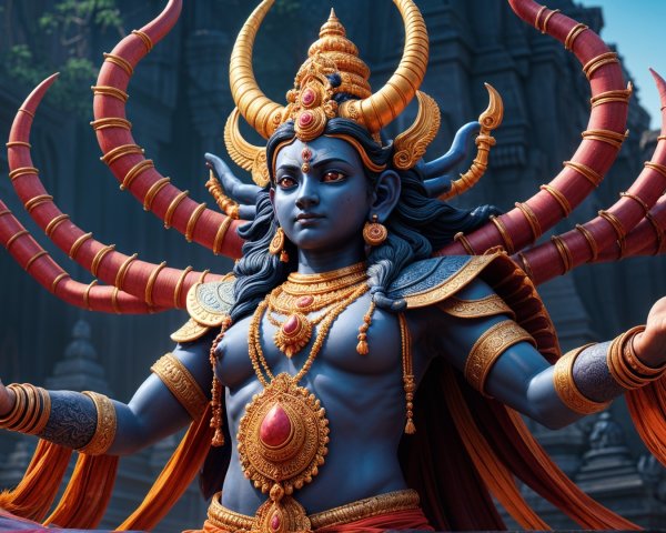Majestic Blue-Skinned Deity Statue in Ancient Temple