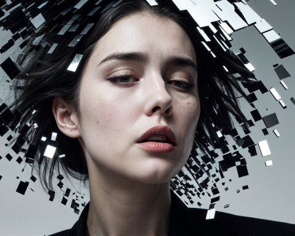 Portrait of a Woman with Dynamic Hair and Abstract Elements